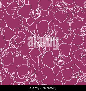 motivo senza cuciture di ampie silhouette bianche di orchidee su sfondo viola, texture e design Foto Stock
