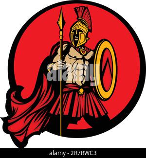 Greek Warrior Mascot con uno scudo e una lancia Illustrazione Vettoriale