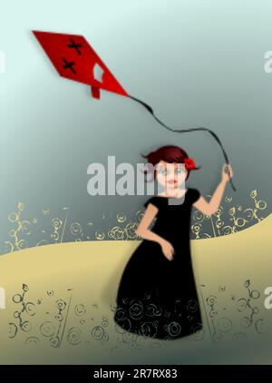 Aquilone. Illustrazione di una donna con un aquilone rosso nel prato. Illustrazione Vettoriale