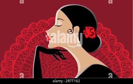 Illustrazione vettoriale di una bella signora spagnola, fan sullo sfondo Illustrazione Vettoriale