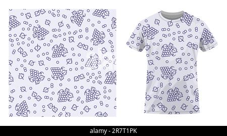 T-shirt sportiva in cotone a maniche corte decorata con succulenti grappoli di uva con foglie e motivo tendrillo. Comodi abiti estivi. Ornamento vettoriale per Illustrazione Vettoriale
