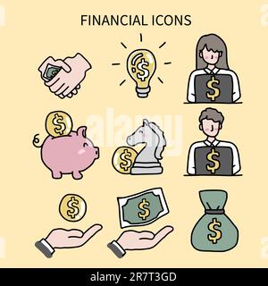 Icone finanziarie simpatiche illustrazioni vettoriali in stile doodle di cartoni animati Illustrazione Vettoriale