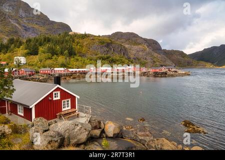 Capanne di pescatori rossi nel museo all'aperto, villaggio di pescatori di Nusfjord, Lofoten, Norvegia Foto Stock