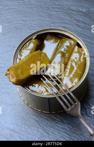 Lattina con foglie di vite farcite, ripieno di riso, Grecia Foto Stock