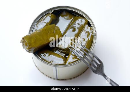 Lattina con foglie di vite farcite, ripieno di riso, Grecia Foto Stock