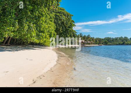 Costa dell'isola di Togo Batudaka nel Golfo di Tomini a Sulawesi. Pensioni presso la spiaggia dell'isola. È un paradiso per i subacquei e gli amanti dello snorkeling Foto Stock