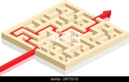 freccia rossa che attraversa il labirinto. percorso attraverso un labirinto, vettoriale eps 8 Illustrazione Vettoriale