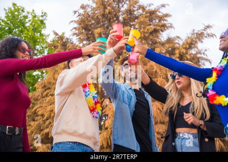 Gruppo di amici multietnici che festeggiano in un parco, giovani diversi che brindano con bicchieri di birra in una festa estiva, happy hour, pausa pranzo e. Foto Stock