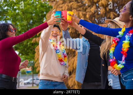 Gruppo di amici multietnici che festeggiano in un parco, giovani diversi che brindano con bicchieri di birra in una festa estiva, happy hour, pausa pranzo e. Foto Stock