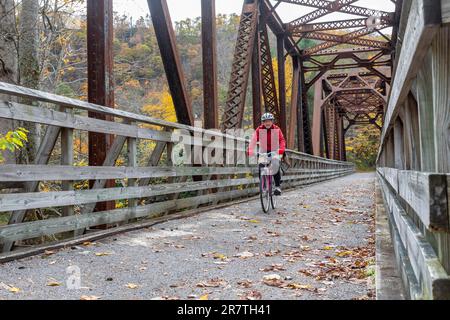 Martinton, West Virginia, John West, 75, guida la sua bicicletta sul Greenbrier River Trail. Il percorso ferroviario di 78 km corre lungo il fiume Greenbrier. Ora un Foto Stock