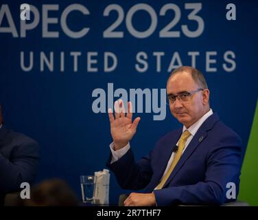 Detroit, Michigan USA, 25 maggio 2023, Shawn Fain, presidente degli operai dell'automobile unita, parla durante una discussione sul commercio e sulle persone che lavorano durante l'APEC Foto Stock