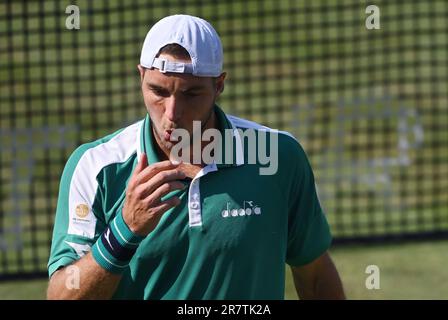Stoccarda, Germania. 17th giugno, 2023. Tennis: ATP Tour - Stuttgart, Singles, Men, Quarterfinals. Struff (Germania) - Hurkacz (Polonia). Jan-Lennard Struff reagisce. Credit: Marijan Murat/dpa/Alamy Live News Foto Stock