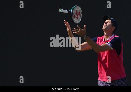 Stoccarda, Germania. 17th giugno, 2023. Tennis: ATP Tour - Stuttgart, Singles, Men, Quarterfinals. Struff (Germania) - Hurkacz (Polonia). Hubert Hurkacz reagisce. Credit: Marijan Murat/dpa/Alamy Live News Foto Stock