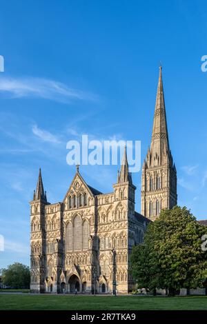 La facciata ovest, la facciata a schermo con i 123 m di altezza e la torre della chiesa più alta della Gran Bretagna della Cattedrale di Salisbury in stile architettonico gotico Foto Stock