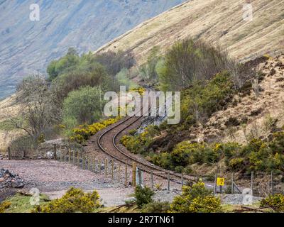 Rotaie della linea ferroviaria dell'altopiano occidentale a nord di Tyndrum, highlands scozzesi, Scozia, Regno Unito Foto Stock