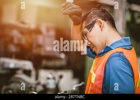 Stanchezza stanchezza ingegnere esaurito sentirsi male lavoratore da lavoro duro in fabbrica sudore caldo cattivo flusso d'aria sul posto di lavoro. Foto Stock