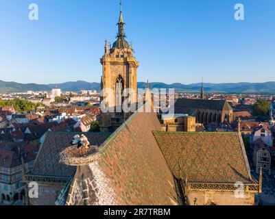 Foto aerea del drone della Chiesa di San Martino - Eglise Saint-Martin, chiesa di Colmar, in Alto Reno, Alsazia, Francia Foto Stock