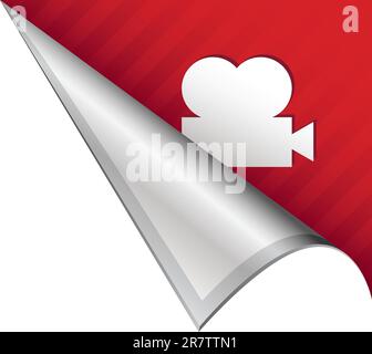 Icona di una videocamera o di un filmato e di un video su una linguetta ad angolo con apertura vettoriale adatta per l'uso nella stampa, sui siti Web o nei materiali pubblicitari. Illustrazione Vettoriale