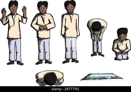 Uomo in diverse posizioni di preghiera con la preghiera mat Illustrazione Vettoriale