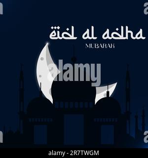 EID al Adha Mubarak biglietto d'auguri islamico con poster sulla luna bianca, banner design, illustrazione vettoriale Illustrazione Vettoriale
