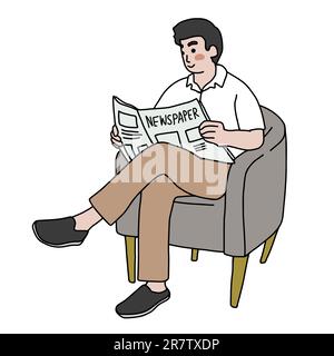 Uomo che legge giornali cartoni animati illustrazioni vettoriali stile minimale line art Illustrazione Vettoriale