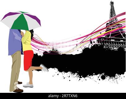 Coppia baciata con ombrello sullo sfondo della Torre Eiffel di Parigi. Illustrazione vettoriale Illustrazione Vettoriale
