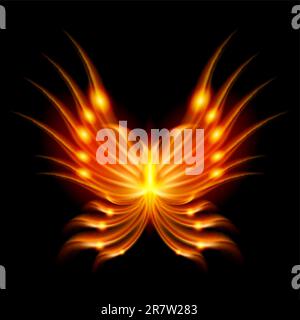 Flying butterfly Con Fiery ali. Illustrazione astratta su sfondo nero Illustrazione Vettoriale