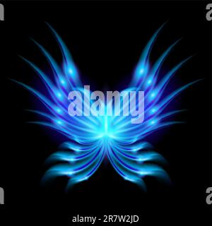 Flying Blue Butterfly con fiery ali. Illustrazione astratta su sfondo nero Illustrazione Vettoriale