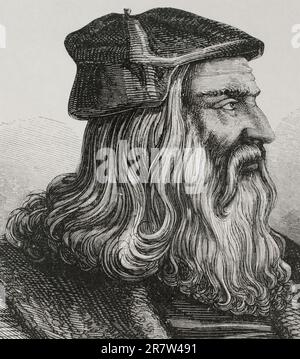 Leonardo da Vinci (1452-1519). Artista, architetto e inventore italiano. Verticale. Incisione da un originale del 16th° secolo. 'Les Arts au Moyen Age et a l'Epoque de la Renaissance'. Parigi, 1877. Foto Stock