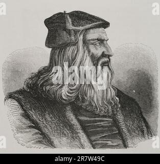 Leonardo da Vinci (1452-1519). Artista, architetto e inventore italiano. Verticale. Incisione da un originale del 16th° secolo. 'Les Arts au Moyen Age et a l'Epoque de la Renaissance'. Parigi, 1877. Foto Stock