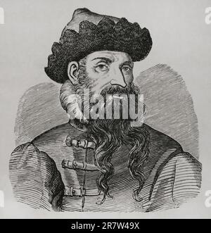 Johannes Gutenberg (1399-1468). Inventore tedesco. Intorno al 1450 ha creato la prima macchina da stampa di tipo mobile. Verticale. Facsimile di un'incisione del 16th° secolo. 'Les Arts au Moyen Age et a l'Epoque de la Renaissance', di Paul Lacroix. Parigi, 1877. Foto Stock