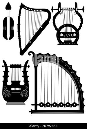 Illustrazione dei vari strumenti a corde antichi - arpa - lyra. Questo file è vettoriale, può essere scalato a qualsiasi dimensione senza perdita di qualità. Illustrazione Vettoriale