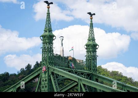 Ponte della libertà o Ponte della libertà sul Danubio. Gellért Hill e la Statua della libertà sono sullo sfondo. Budapest, Ungheria Foto Stock