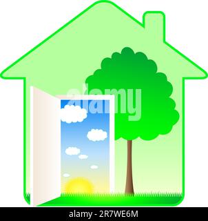 bella casa ecologica moderna con alberi e paesaggio estivo Illustrazione Vettoriale