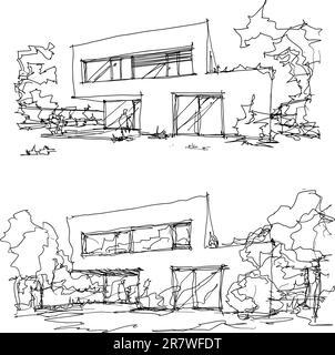 due schizzi architettonici disegnati a mano di una moderna casa indipendente a due piani con tetto piatto e gente intorno Foto Stock