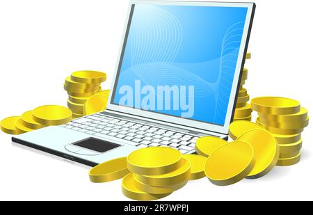 Computer portatile con pile di monete d'oro intorno ad esso Illustrazione Vettoriale