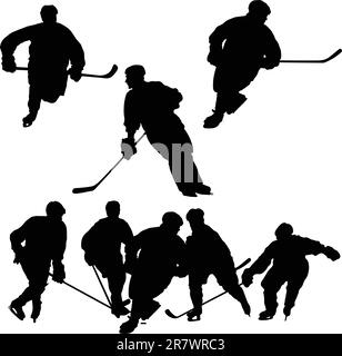 Un set di silhouette da hockey con giocatori singoli e un gruppo Illustrazione Vettoriale