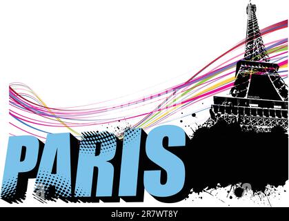 3D parola Parigi sulla torre Eiffel grunge background. Illustrazione Vettoriale Illustrazione Vettoriale