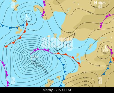 Modificabile illustrazione vettoriale di una generica mappa meteo mostra una tempesta depressione Illustrazione Vettoriale
