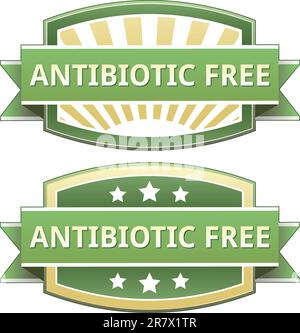 Etichetta, badge o sigillo per alimenti privi di antibiotici di colore verde e giallo in vettore Illustrazione Vettoriale