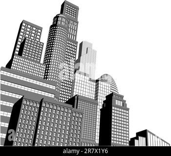 Monocromatico grigio e bianco e nero illustrazione della città con prospettive drammatiche Illustrazione Vettoriale