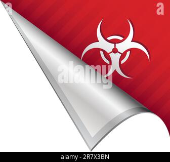 Icona di avvertenza per rischio biologico su una linguetta angolare a strappo vettoriale adatta per l'uso in stampa, su siti Web o in materiali pubblicitari. Illustrazione Vettoriale