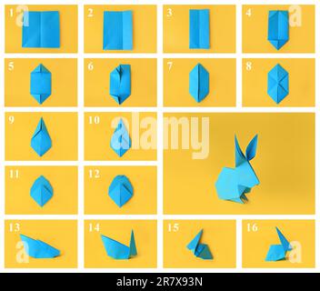 Origami art. Fare coniglietto di carta blu chiaro passo dopo passo, collage fotografico su sfondo giallo Foto Stock
