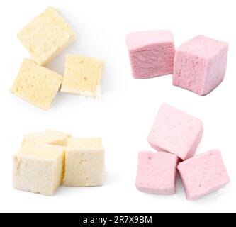 Collage con gustose marshmallows diverse su sfondo bianco Foto Stock