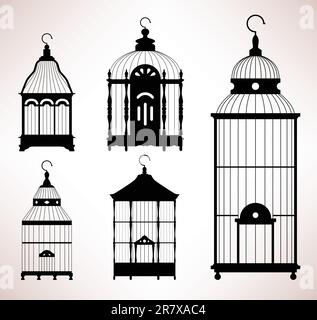 Un set di gabbie per uccelli con silhouette. Illustrazione Vettoriale