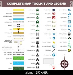 Una serie completa di toolkit e legenda delle mappe. Illustrazione Vettoriale