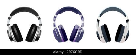 Set di icone delle cuffie, stile piatto su sfondo bianco Illustrazione Vettoriale