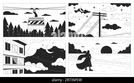 Nuvole di cielo notturno con sfondo bianco e nero lunare lo fi chill set Illustrazione Vettoriale