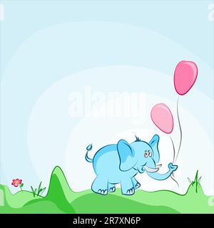 Allegro elefante blu con palloncini rosa scheda vettoriale. Disponibile anche come vettore in formato Adobe Illustrator EPS. Le diverse grafiche sono tutte... Illustrazione Vettoriale