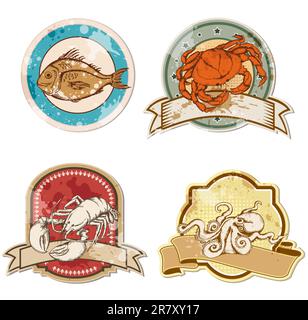 set di etichette vector vintage con frutti di mare Illustrazione Vettoriale